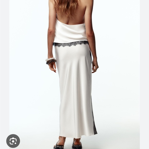 Zara NWT satin effect lace midi skirt cream black 3530/896 - Picture 5 of 9